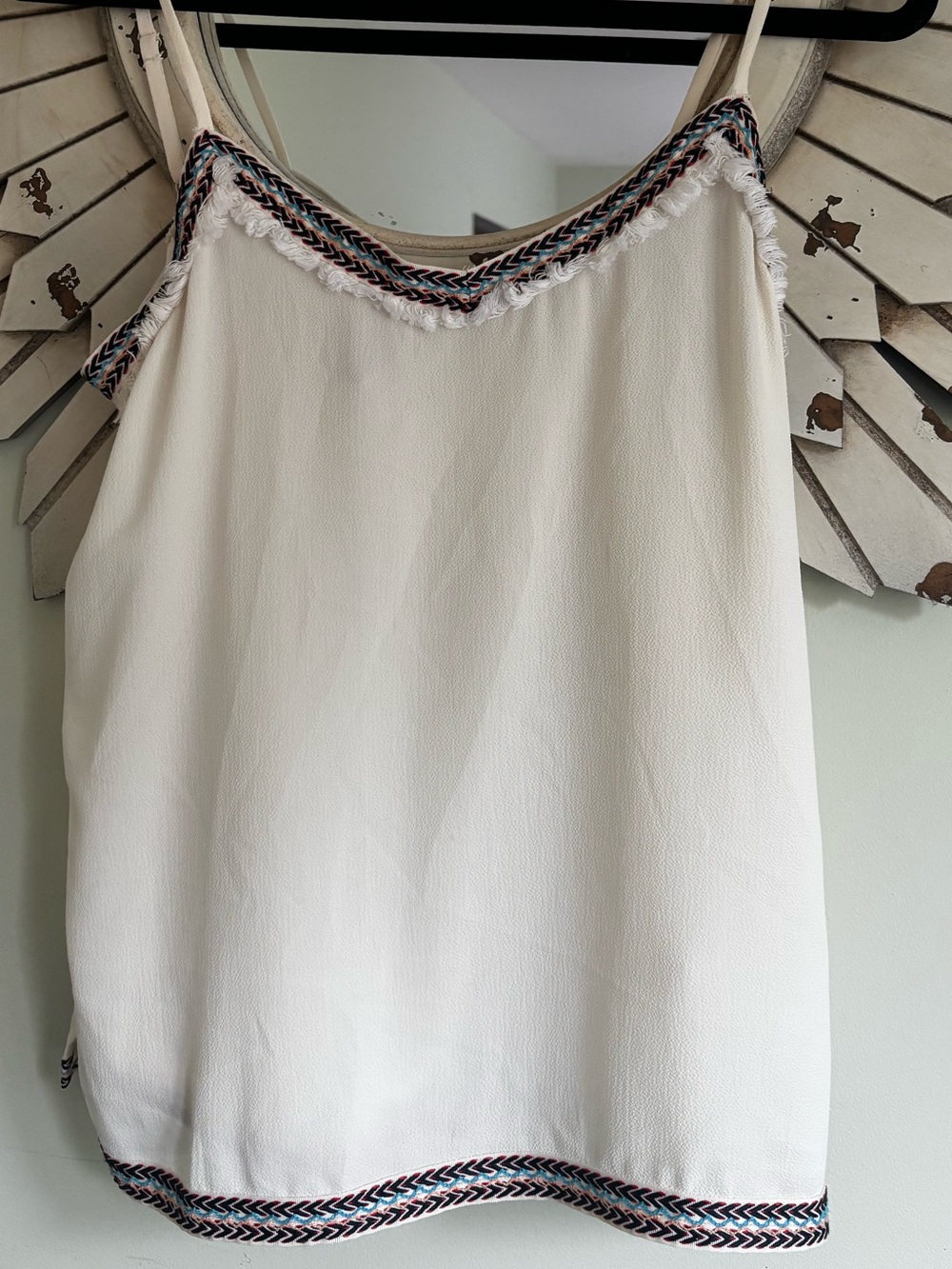 Alya Ivory Boho Embroidered Fringe Trim Cami Tank Top Size Medium